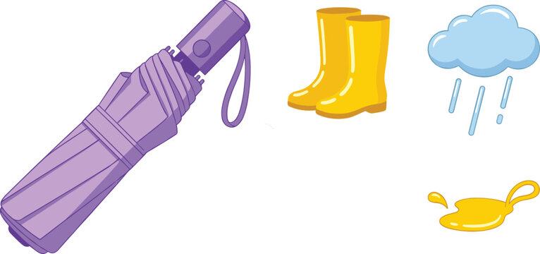 Rainy day weather elements vector illustration set with folded purple compact umbrella yellow rubber rain boots blue raincloud and water puddle isolated on white background