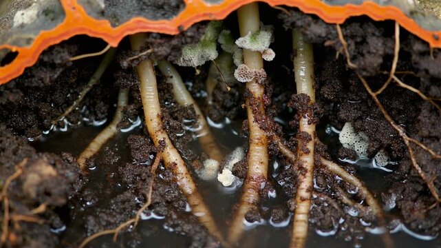Close up view of plant genetics and DNA research showing root rot disease in waterlogged soil with decaying organic matter in a laboratory setting