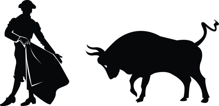 Matador and bull silhouette vector illustration representing traditional Spanish bullfight culture