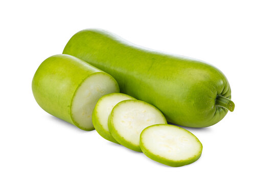 Close-up of Fresh Bottle Gourd Whole and Sliced on White Background

