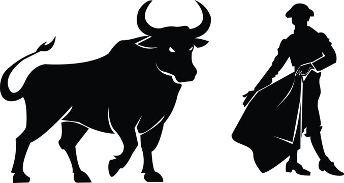 Black and White Silhouette Illustration of a Professional Bullfighter Facing a Powerful Charging Bull in a Traditional Spanish Arena Setting