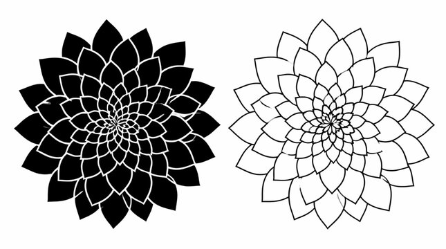 Black and white lotus mandala flower icons, geometric floral pattern