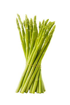 Close-up of Bundled Fresh Green Asparagus on White Background
