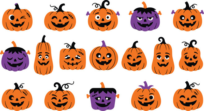 Cute Halloween pumpkin patch collection with funny jack o lantern characters and purple frankenstein monsters vector illustration