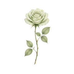 Fototapeta premium Sage Green Watercolor Rose with Stem Isolated on White Background