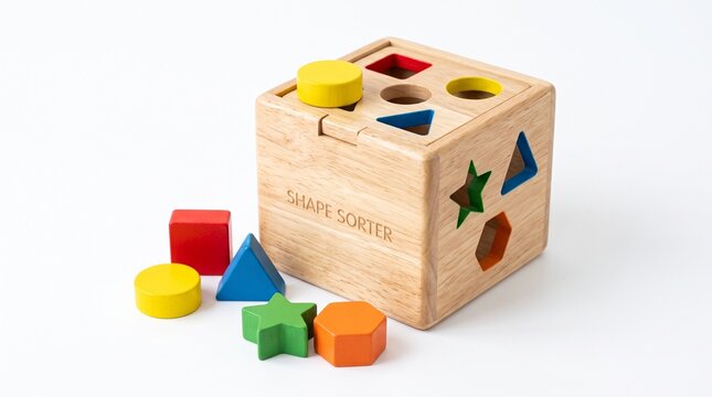 Child Development Educational Toy with Colorful Geometric Shapes on Wooden Cube