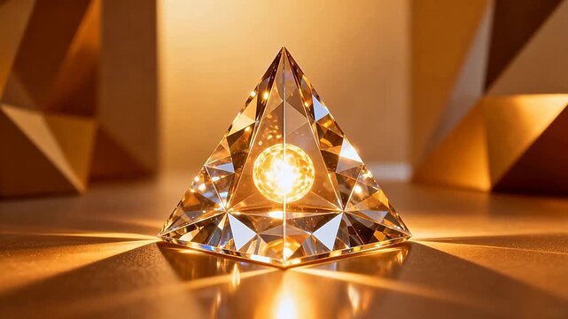 Golden crystal pyramid with glowing sphere
