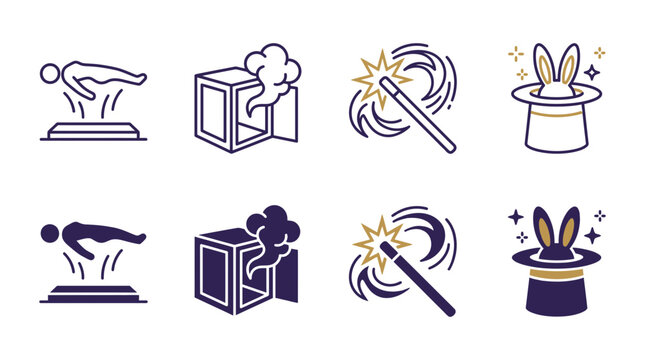 Magic trick performance icon set for illusionists and entertainers with illusion magician performance entertainment
