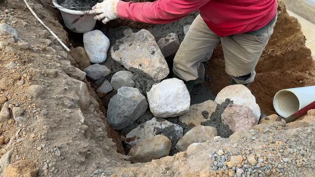 Construction worker placing large stones for a retaining wall foundation during infrastructure development.