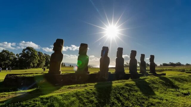 Seven Ahu Akivi Moai, which are the only Moai to face the sea. Easter Island.