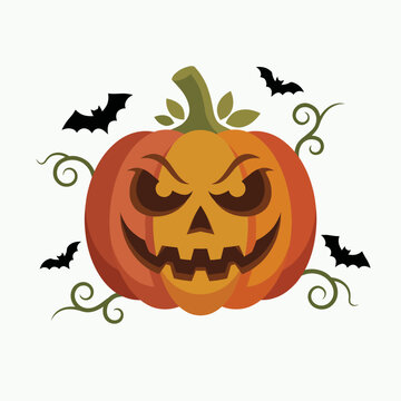 This vibrant Halloween illustration showcases a menacing carved pumpkin surrounded by bats, perfectly capturing the essence of spooky festivities and the fun synonymous with the holiday season.