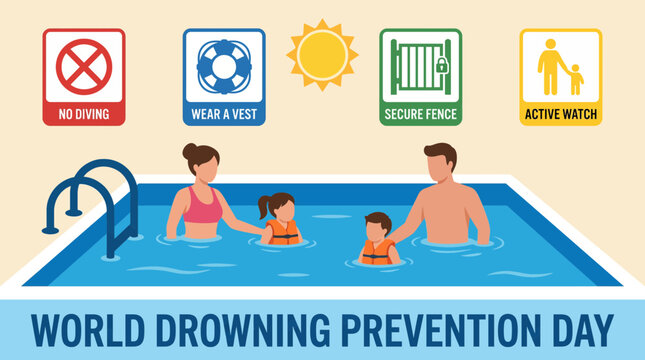 Swimming Pool Safety Rules for Families - Flat Vector Illustration for World Drowning Prevention Day