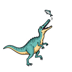 Obraz premium Green predatory dinosaur catching flying fish in mouth.