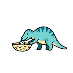 Blue long-neck dinosaur eating eggs from wicker basket. © Bromen