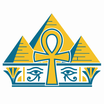 Ancient egyptian pyramids with ankh symbol and eye of horus vector graphic illustration.