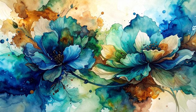Abstract Watercolor Floral Painting with Vivid Blue and Teal Hues