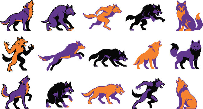 Set of aggressive werewolf and wolf characters in various dynamic poses for Halloween