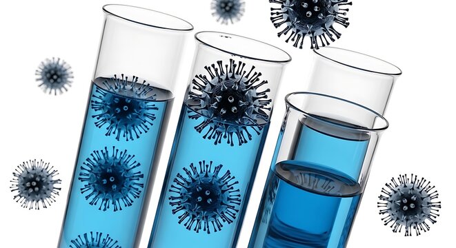 Scientific illustration of test tubes with blue liquid and floating viral particles