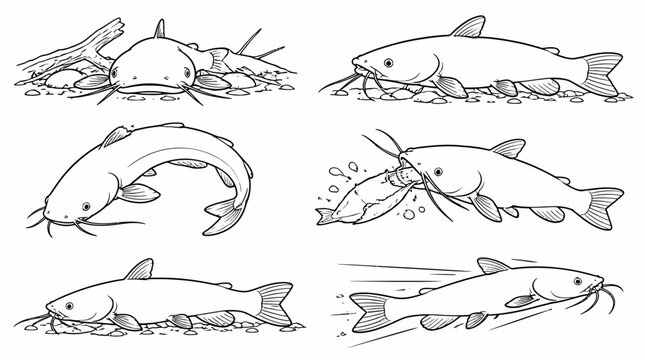 Catfish Collection Line Art, Set of Swimming and Resting Fish
