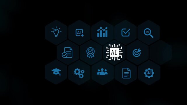 Pointing at artificial intelligence technology on futuristic digital interface screen, machine learning, data analytics automation. 3d Motion graphics of technology icon. 4k video