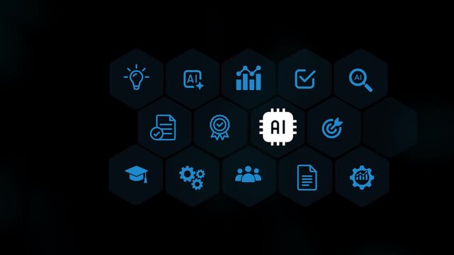 Pointing at artificial intelligence technology on futuristic digital interface screen, machine learning, data analytics automation. 4k video
