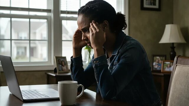 A Black woman sits at her desk, covering her face while looking at her computer screen, feeling despair and intense stress.