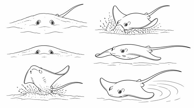 Set of stingray illustrations showing swimming poses, aquatic life