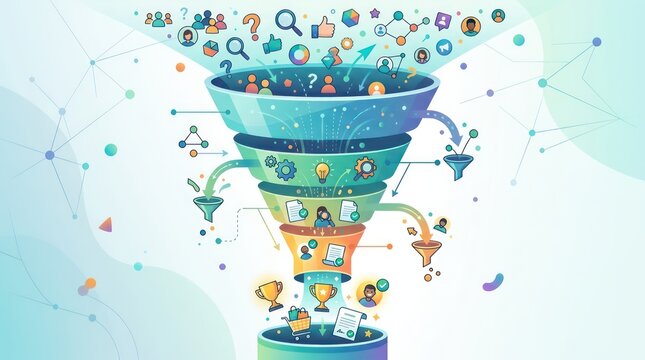 Conceptual Business Sales Funnel Illustration with Data Icons and People.