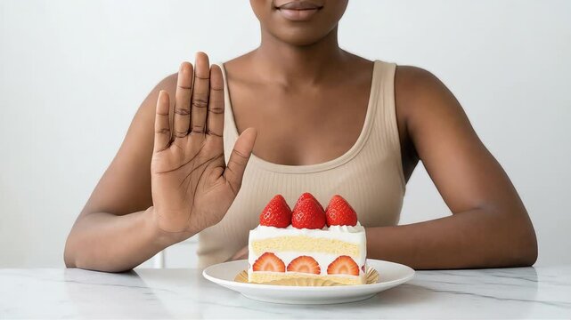 A woman raises her hand in rejection towards the delicious-looking strawberry shortcake in front of her.