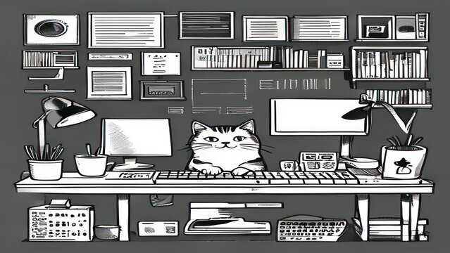 Cute cartoon cat working at a computer desk illustration.