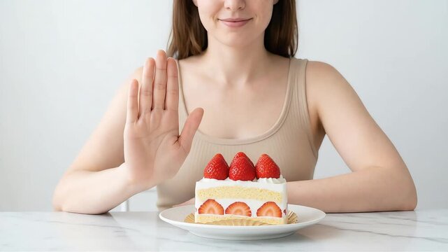 A smiling woman makes a gesture of rejection with her hand in front of a strawberry shortcake.