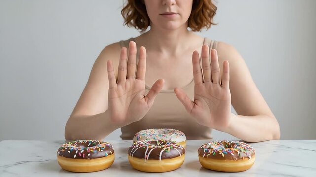 A close-up of a woman holding out both hands in a gesture of rejection towards a donut in front of her.