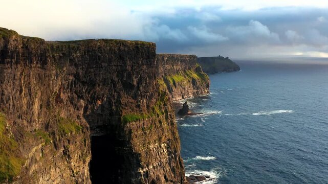 Aerial view of Cliffs of Moher at sunset in Ireland