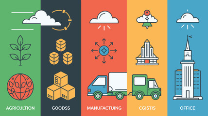 Naklejka premium Business banners display key industry sectors including agriculture, goods, manufacturing, logistics, and office operations.