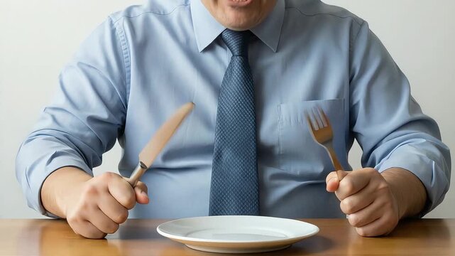 A large, hungry, enraged man stands before an empty plate, gripping his knife and fork.