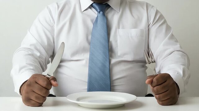 An obese man, gripping his knife and fork tightly in front of an empty plate, expresses his determination to diet and his anticipation for his next meal.