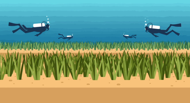 Two scuba divers swimming over an underwater seagrass meadow in ocean