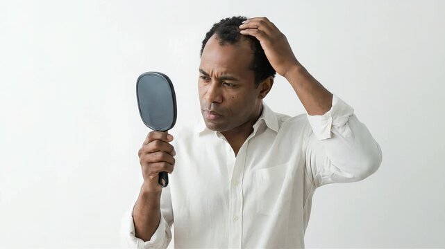 A Black man seriously worries about thinning hair on the top of his head and at his hairline, using a hand mirror.