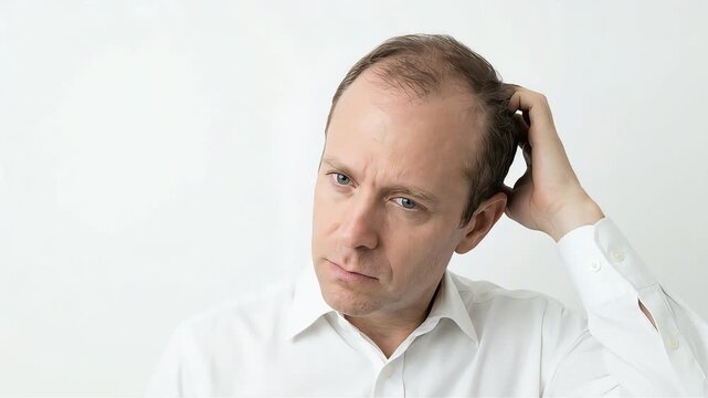 A white man holds his head in his hands, looking dejected as he worries about his thinning hairline and progressive hair loss.