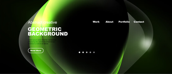 Naklejka premium Dark background features vibrant green, flowing shapes. Website header includes navigation options, text, button. Modern design aesthetic.