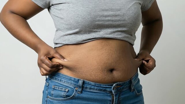 A Black woman pinches the fat on her stomach that spills over her jeans, showing concern for her figure.
