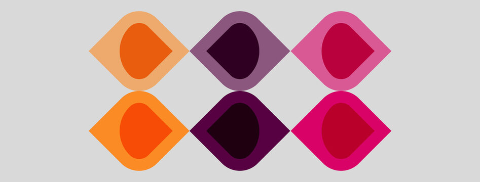 Geometric shapes, orange, purple, pink hues. Pattern repeats across white background. Minimalist design, modern aesthetic.