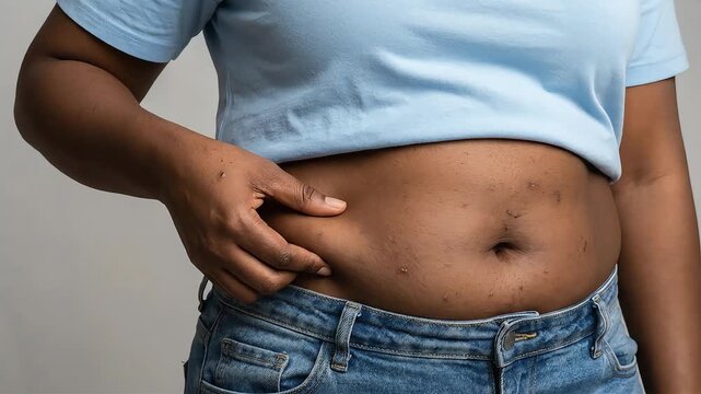 A Black woman massages and pinches the subcutaneous fat on her stomach to examine the condition of her skin.