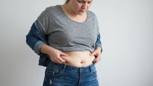 A woman checks the bulging fat around her stomach while wearing jeans.