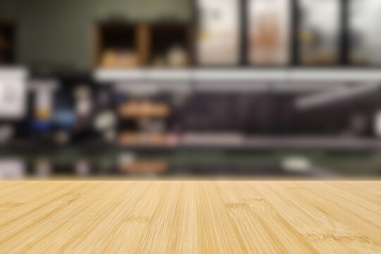 Natural Wooden Table Top with Blurred Kitchen Interior Background for Product Display.