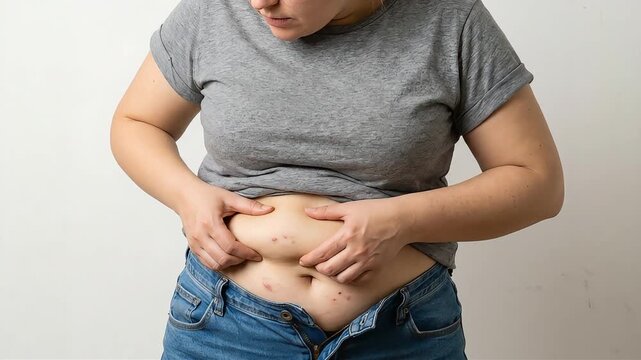 A woman unbuttons her pants to check her belly fat and skin blemishes.