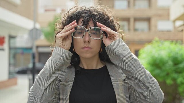 Woman adjusts oversized patterned glasses and rests hand on cheek on street while smiling; joyful confidence.