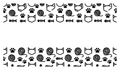 International Cat Day black white pattern texture banner collection | Paw print fish bone yarn ball cat face silhouette repeat editable stroke illustration on white background