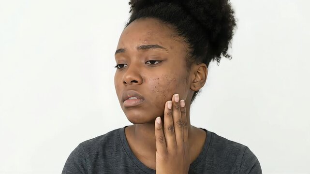 A Black woman is troubled by skin problems on her forehead and cheeks.