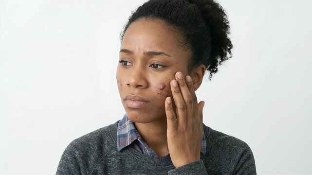 A Black woman, with a sad expression, is shown touching a large pimple and skin blemish on her cheek.